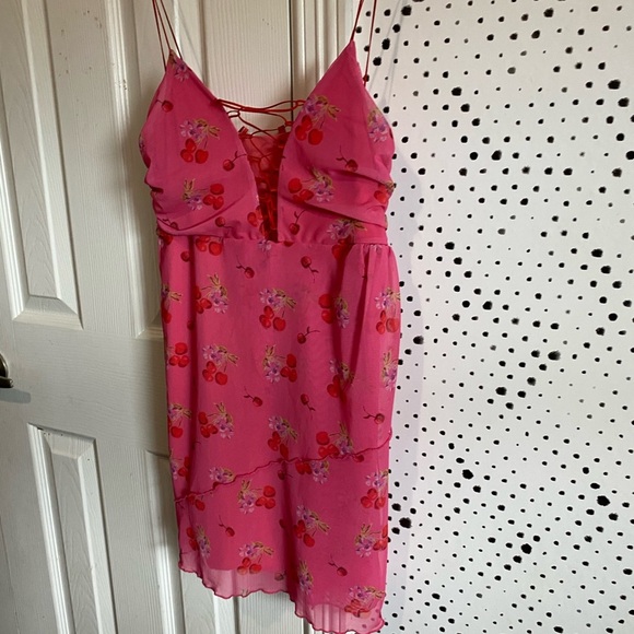 Urban Outfitters Bright Side Lace-Up pink floral cherry Mini Dress sz M nwt - Picture 6 of 14